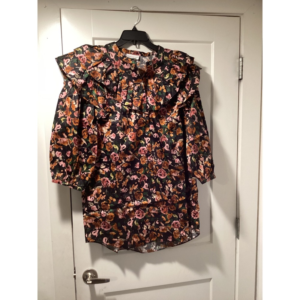 Something Navy Floral Ruffle Button Up Dress Black Combo SWED001132 Large NWT